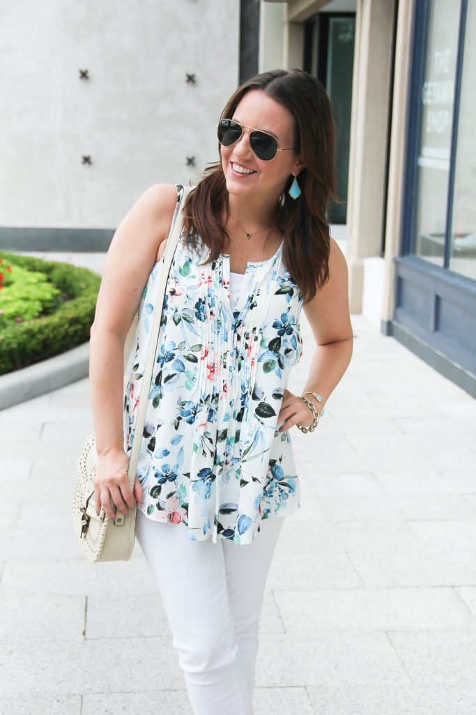 Blue and White Floral Blouse for summer | White Jeans | Casual Outfit | Lady in Violet | Houston Style Blogger