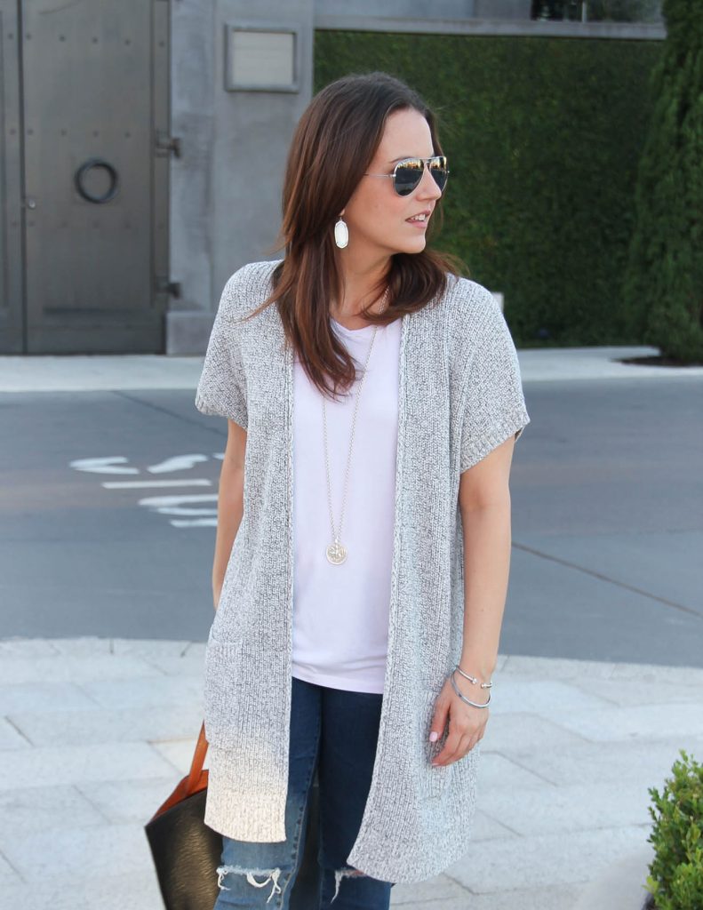 Gray Short Sleeve Cardigan | White VNeck Tee | Long Silver Necklace | Lady in Violet | Houston Style Blogger