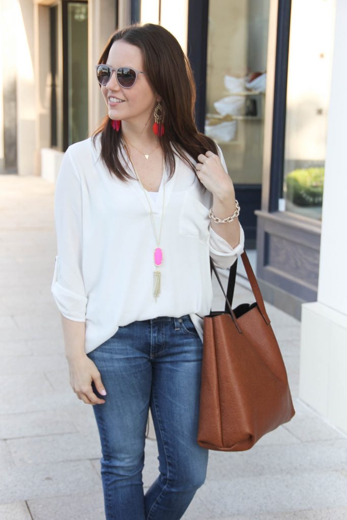 Spring Outfit | White Tunic | Kendra Scott Rayne Necklace | Brown Tote Bag | Lady in Violet | Houston Style Blogger