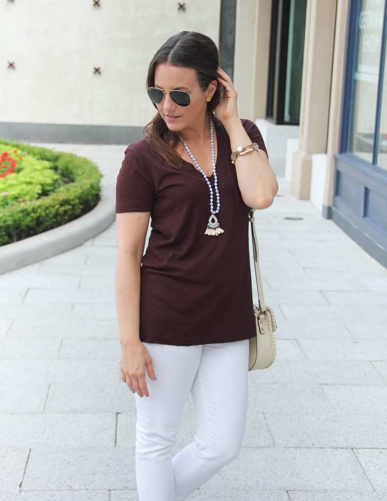 Summer Outfit | Vneck Tshirt | White Jeans | Shell Necklace | Lady in Violet | Houston Style Blogger