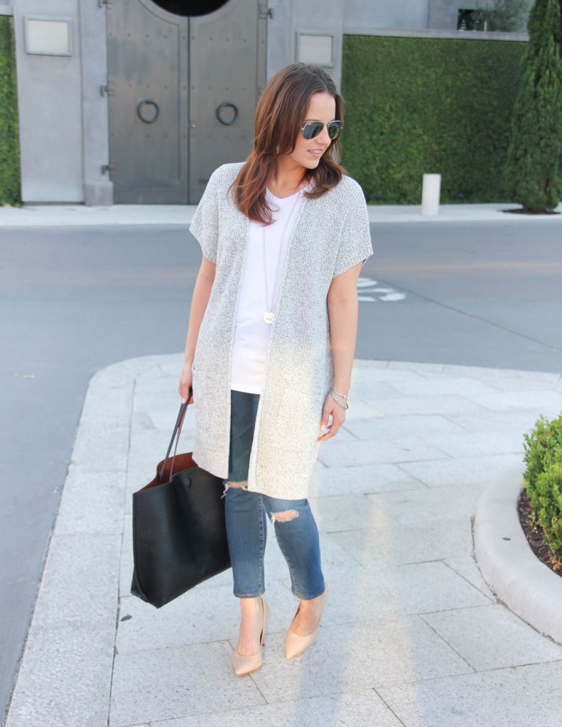 Casual Weekend Outfit | Long Gray Cardigan | Plain White Tee | Lady in Violet | Houston Fashion Blogger