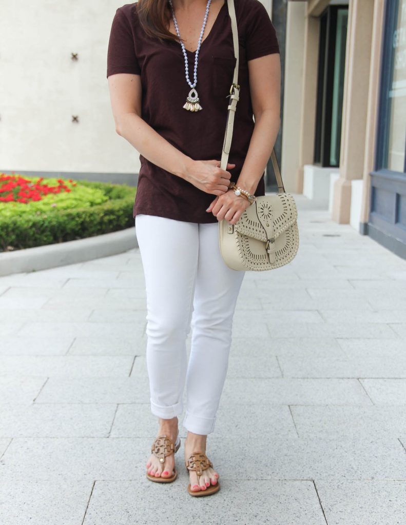 Summer Beach Vacation Outfit with Tshirt | White Skinny Jeans | Tory Burch Miller Sandals | Lady in Violet | Houston Fashion Blogger