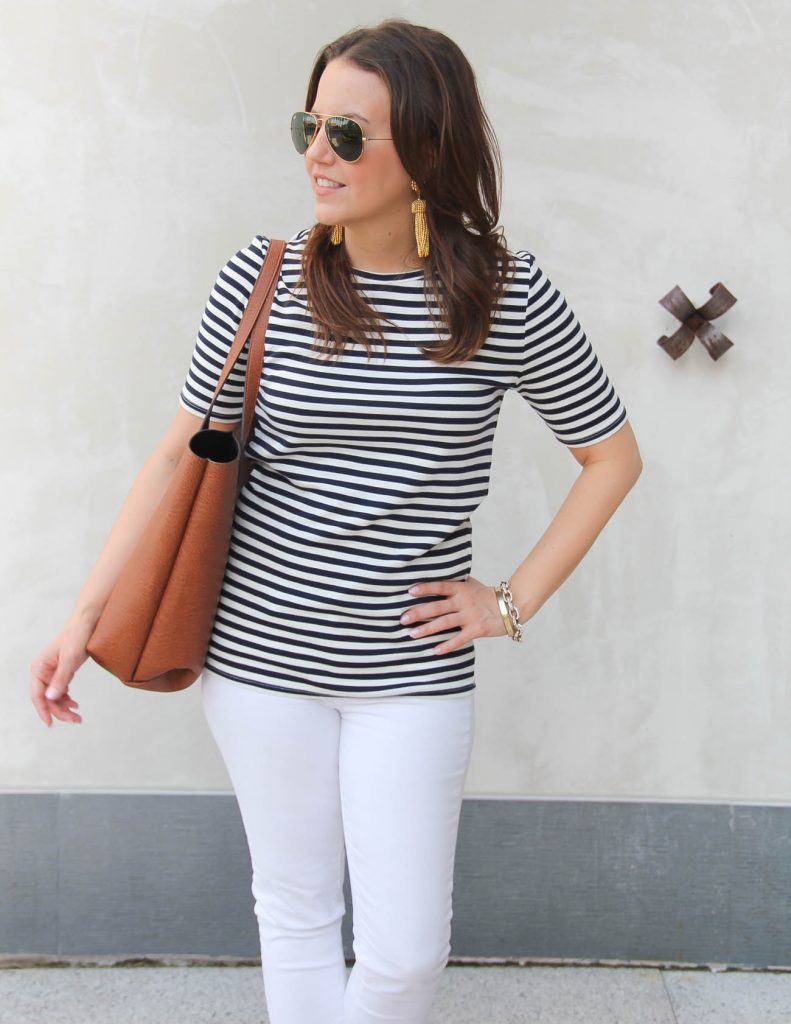 Summer Outfit | Navy Striped Tee | Lisi Lerch Gold Tassel Earrings | Lady in Violet | Houston Fashion Blogger