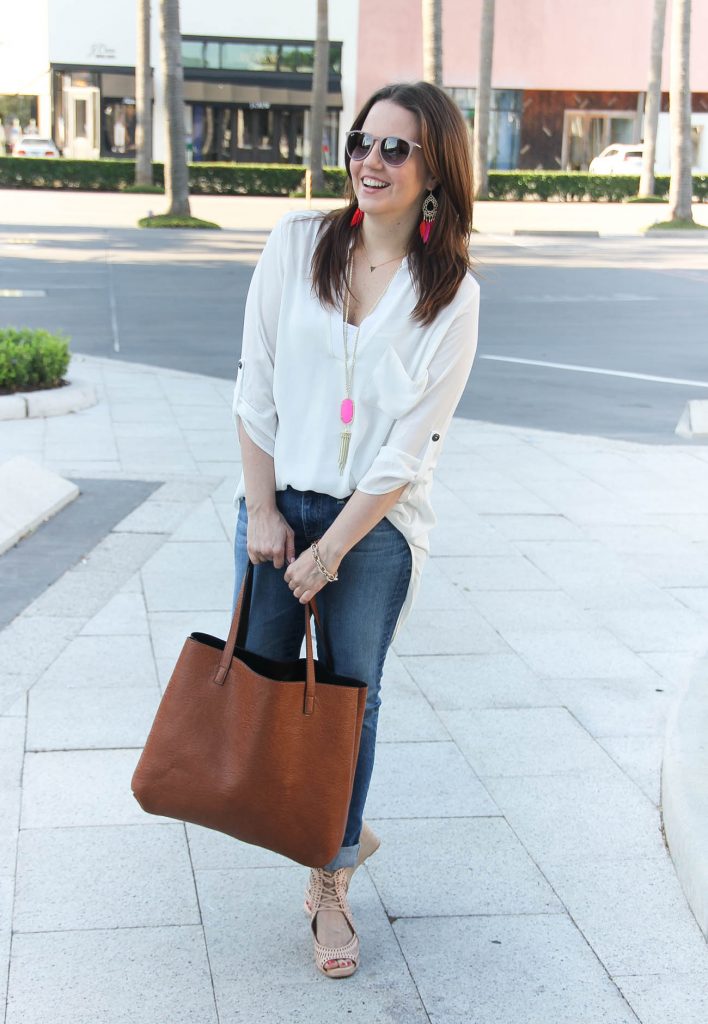 Summer Wardrobe Staples | White Blouse | Skinny Jeans | Brown Tote Bag | Lady in Violet | Houston Style Blogger