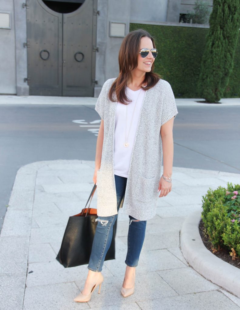 Casual Weekend Outfit | Long Gray Duster | White Tshirt | Lady in Violet | Houston Fashion Blogger