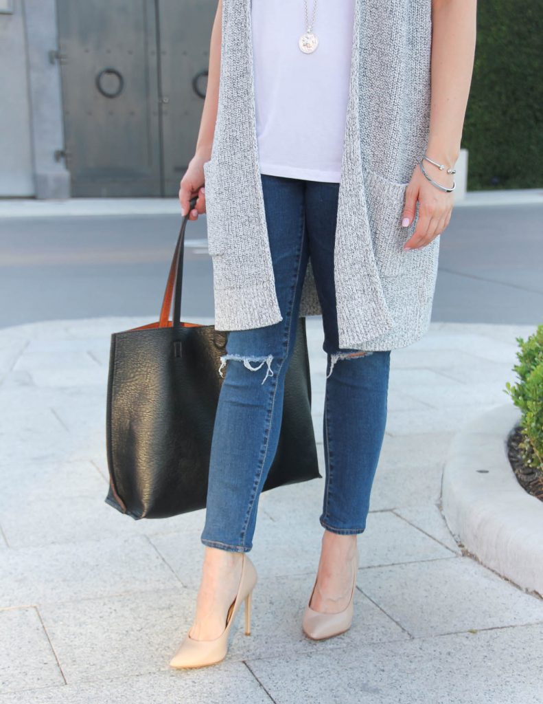 Distressed Jeans | Nude Heels | Long Cardigan | Lady in Violet | Houston Style Blogger