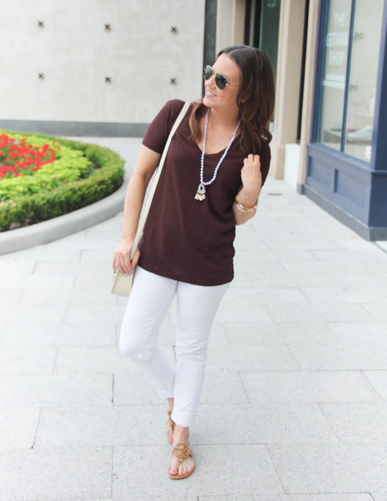 Summer Vacation Outfit | Vneck Tee | White Jeans | Miller sandals | Lady in Violet | Houston Style Blogger