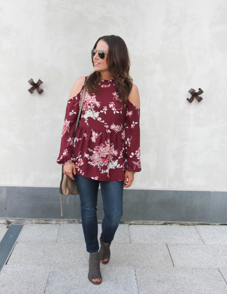 Fall Outfit | Floral Cold Shoulder Blouse | Blue Skinny Jeans | Lady in Violet | Houston Fashion Blogger