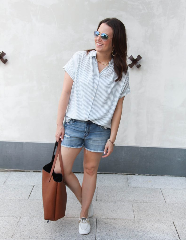 Summer Casual Outfit | Oversized Striped Blouse | Denim Shorts | Lady in Violet | Houston Style Blogger