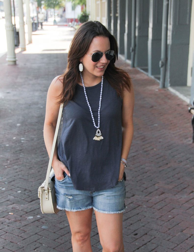 Summer outfit | gray Swing Tank top | distressed jean shorts | Lady in Violet | Houston Style Blogger