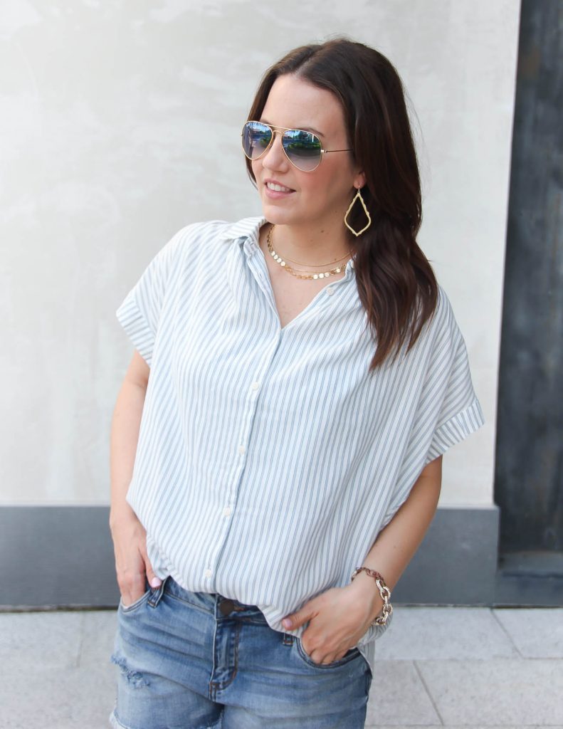 Blue Striped Blouse with Shorts | Baublebar Gold Choker Necklace | Summer Outfit | Lady in Violet | Houston Style Blogger