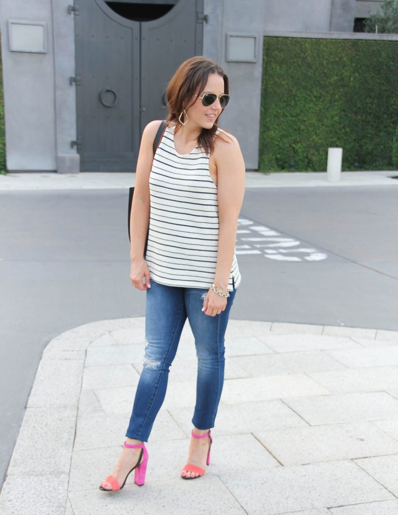 Casual Summer Outfit | Striped Tank Top | Pink Block Heel Sandals | Lady in Violet | Houston Fashion Blogger