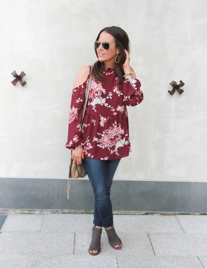 Fall Outfit | Burgundy Floral Blouse | Skinny Jeans | Peep Toe Booties | Lady in Violet | Houston Fashion Blogger