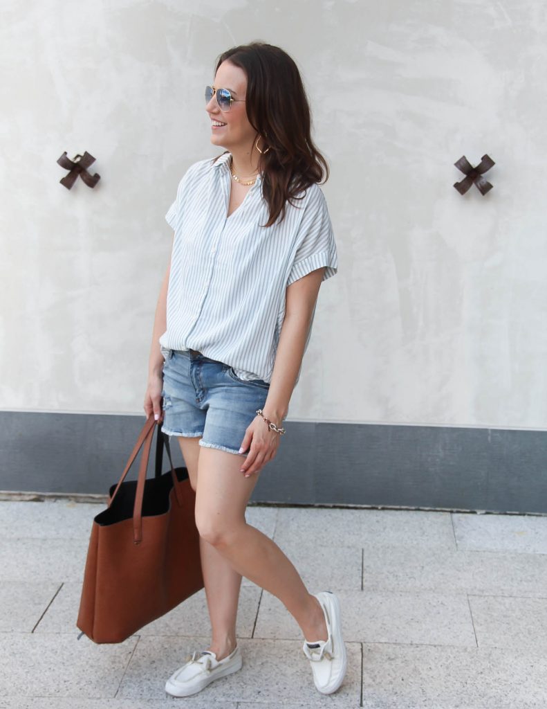 Summer Weekend Outfit | Distressed Denim Shorts | Oversized Striped Top | Lady in Violet | Houston Fashion Blogger