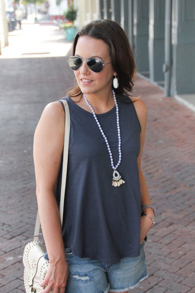 Lightweight gray tank top | Shell Long Necklace | Summer Outfit | Lady in Violet | Houston Fashion Blogger
