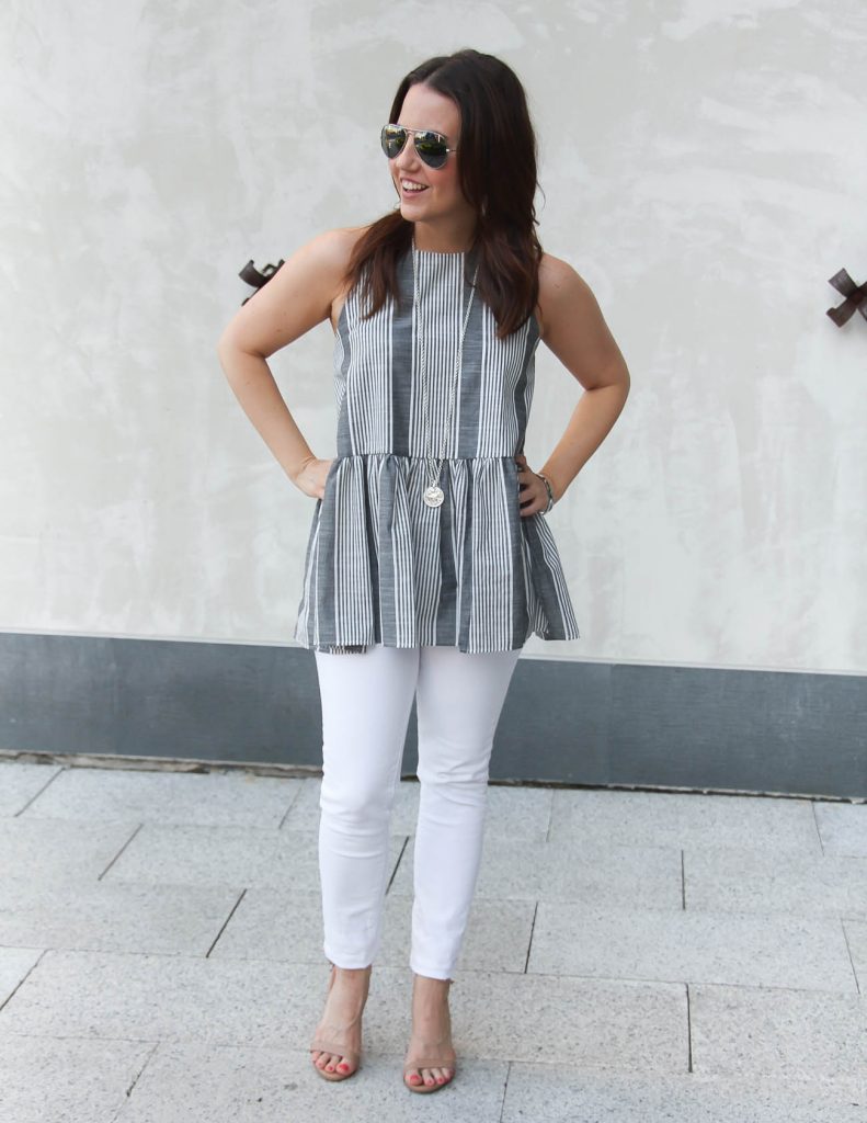 Summer Outfit | Gray Striped Peplum Top | White Jeans | Lady in Violet | Houston Fashion Blogger