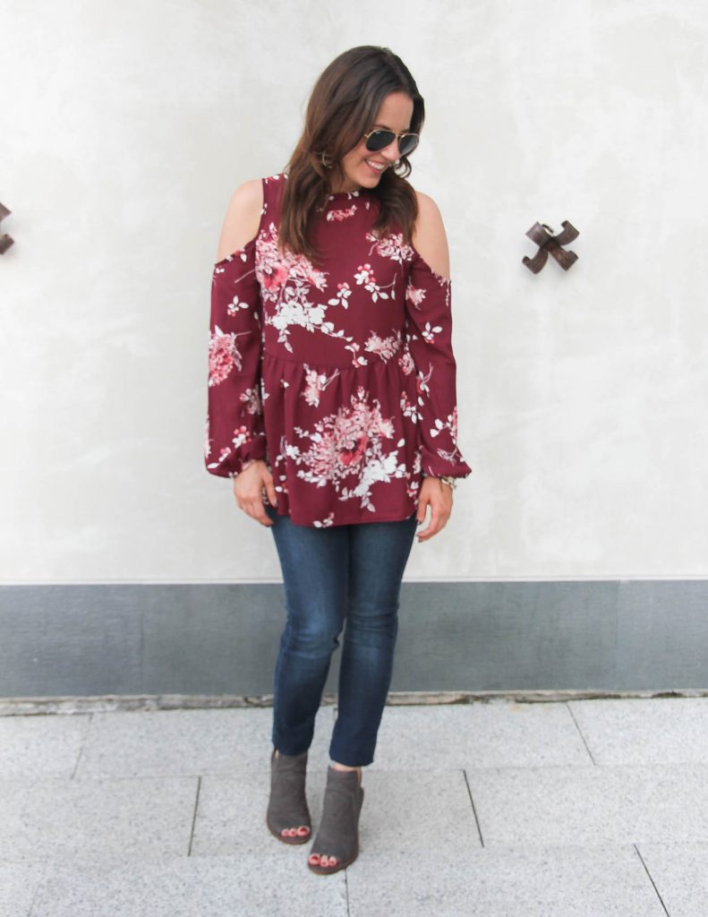 Nordstrom Anniversary Sale Fall Outfit | Cold Shoulder Top | Peep Toe Booties | Lady in Violet | Houston Fashion Blogger