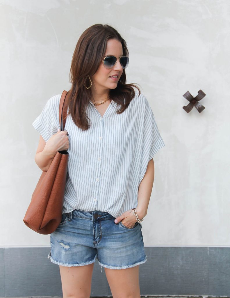 Summer Casual Outfit | Striped Blouse | Denim Shorts | Lady in Violet Houston Fashion Blogger