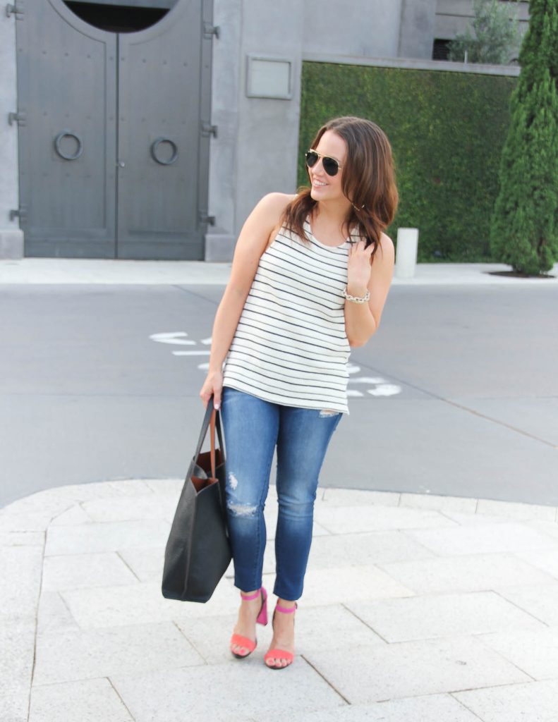 Summer Outfit | Striped Tank Top | Pink Block Heels Sandals | Lady in Violet | Houston Fashion Blogger