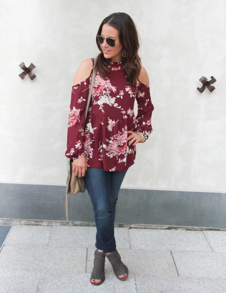 Fall Outfit | Maroon Cold Shoulder Top | Skinny Jeans | Gray Booties | Lady in Violet 