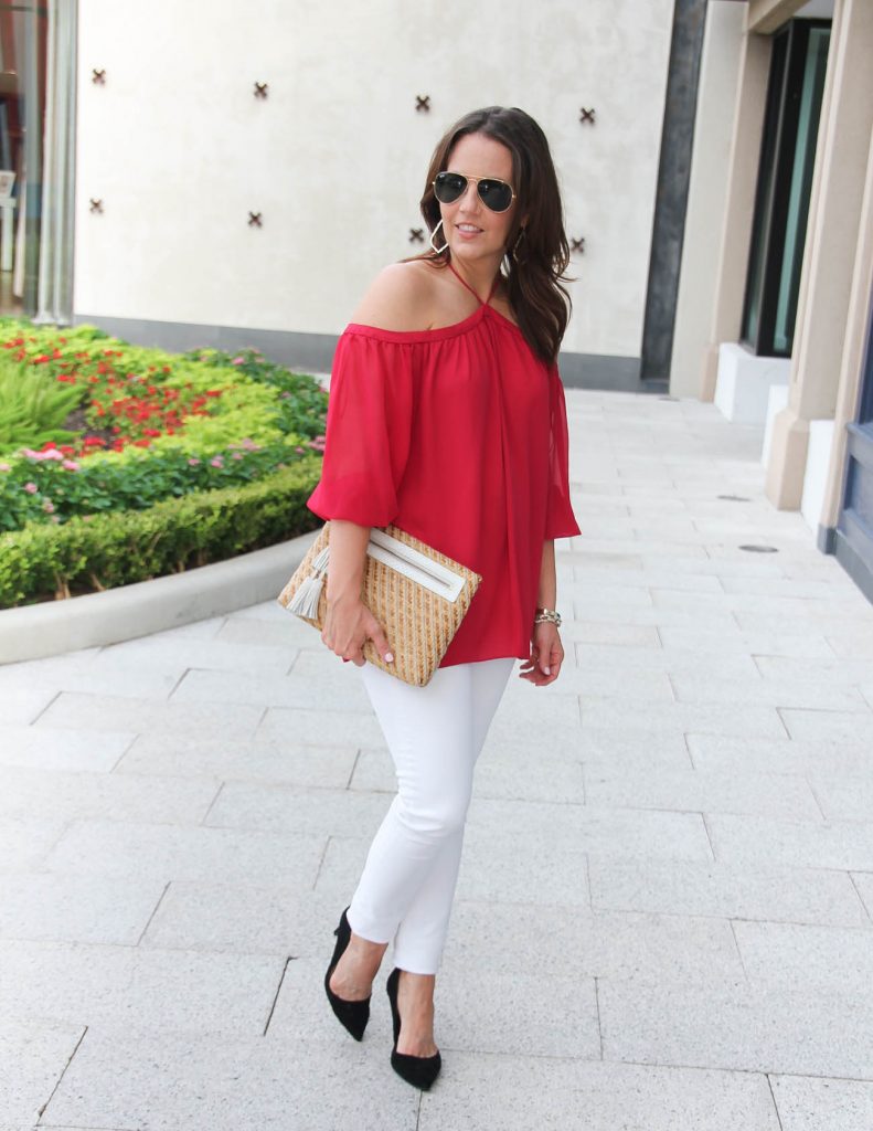 red top white jeans outfit