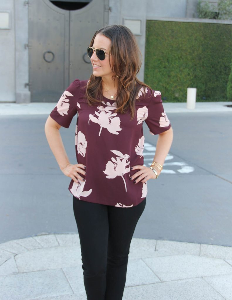 Fall Work Outfit | Short Sleeve Floral Top | Black Pants | Lady in Violet | Houston Style Blogger