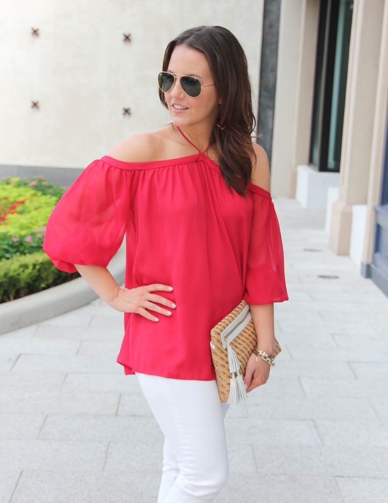 Summer Date Night Outfit | Red Cold Shoulder Top | Straw Clutch | Lady in Violet | Houston Fashion Blogger