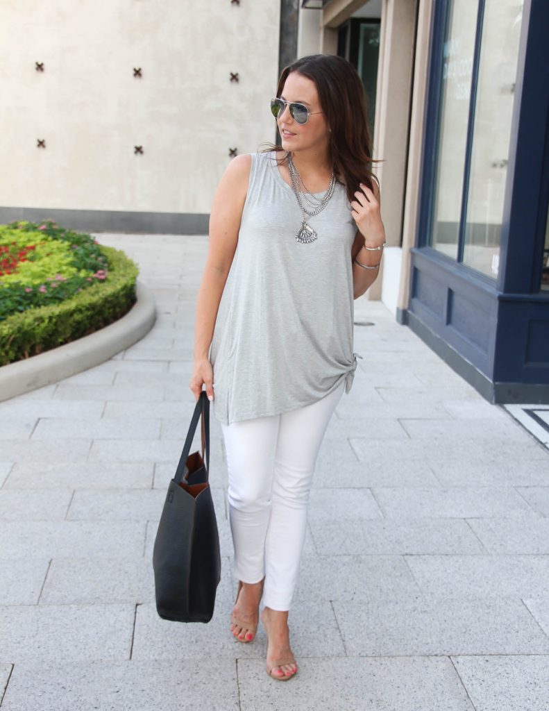 Chic Summer Outfit | White Skinny Jeans | Gray Front Tie Tank Top | Lady in Violet | Houston Style Blogger