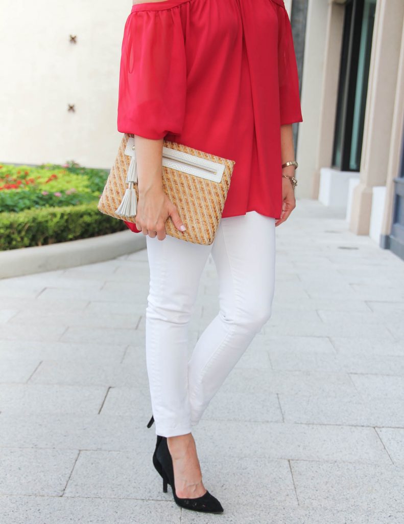 Date Night Outfit | Red Chiffon Blouse | White Skinny Jeans | Lady in Violet | Houston Fashion Blogger