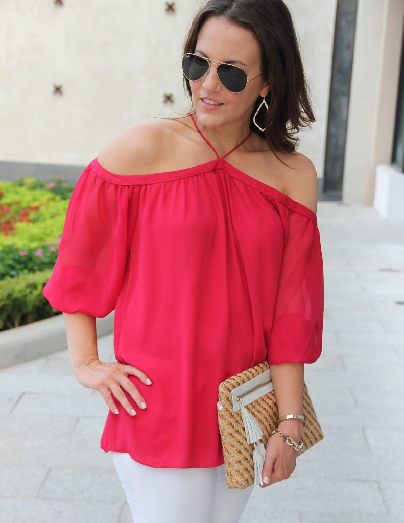 Red Off the Shoulder Blouse | Straw Clutch | Date Night Outfit | Lady in Violet | Houston Style Blogger