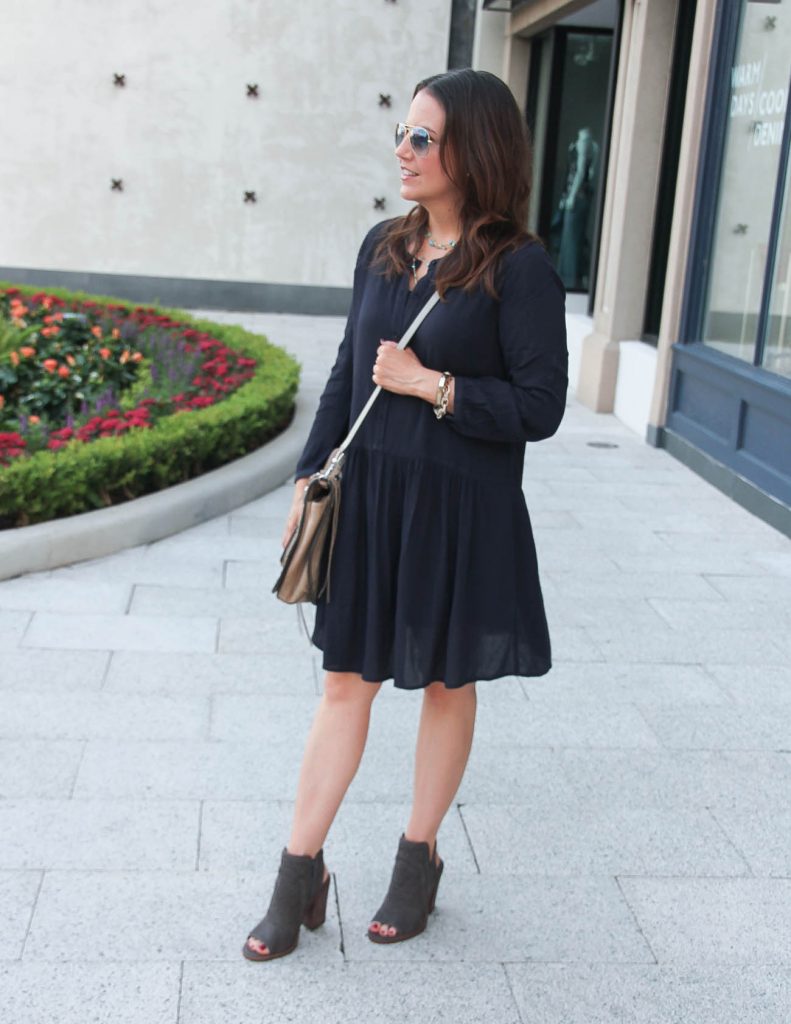 Casual Fall Outfit | Navy Shift Dress | Vince Camuto Peep Toe Booties | Lady in Violet | Houston Style Blogger