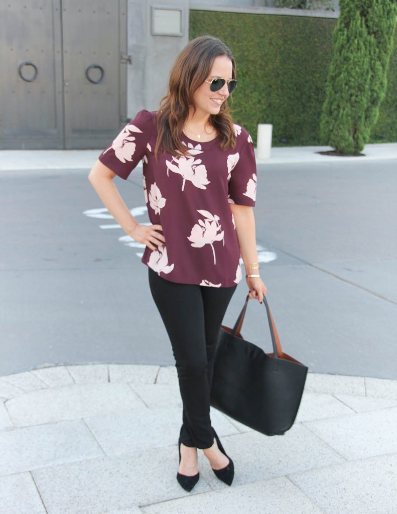 Fall Work Outfit | Maroon Floral Blouse | Black Jeans | Lady in Violet | Houston Fashion Blogger