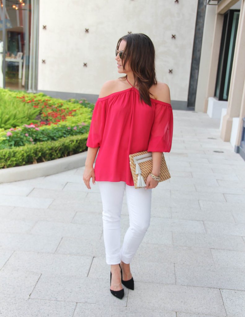 Summer Outfit | Red Cold Shoulder Top | White Jeans | Black Heels | Lady in Violet