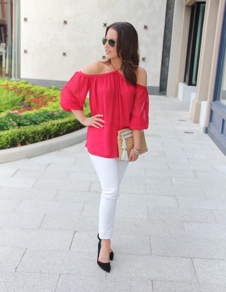 Date Night Outfit | Red Off the Shoulder Top | White Paige Jeans | Lady in Violet | Houston Fashion Blog