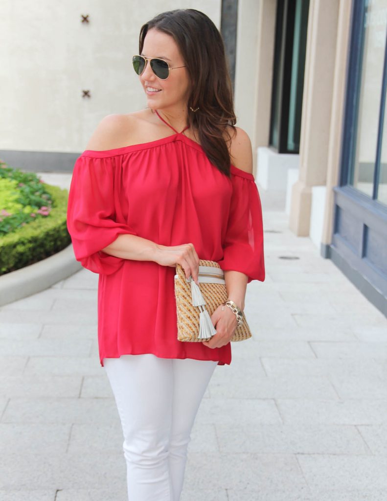 Summer Outfit | Red Off the Shoulder Top | Straw Clutch | Lady in Violet | Houston Style Blog