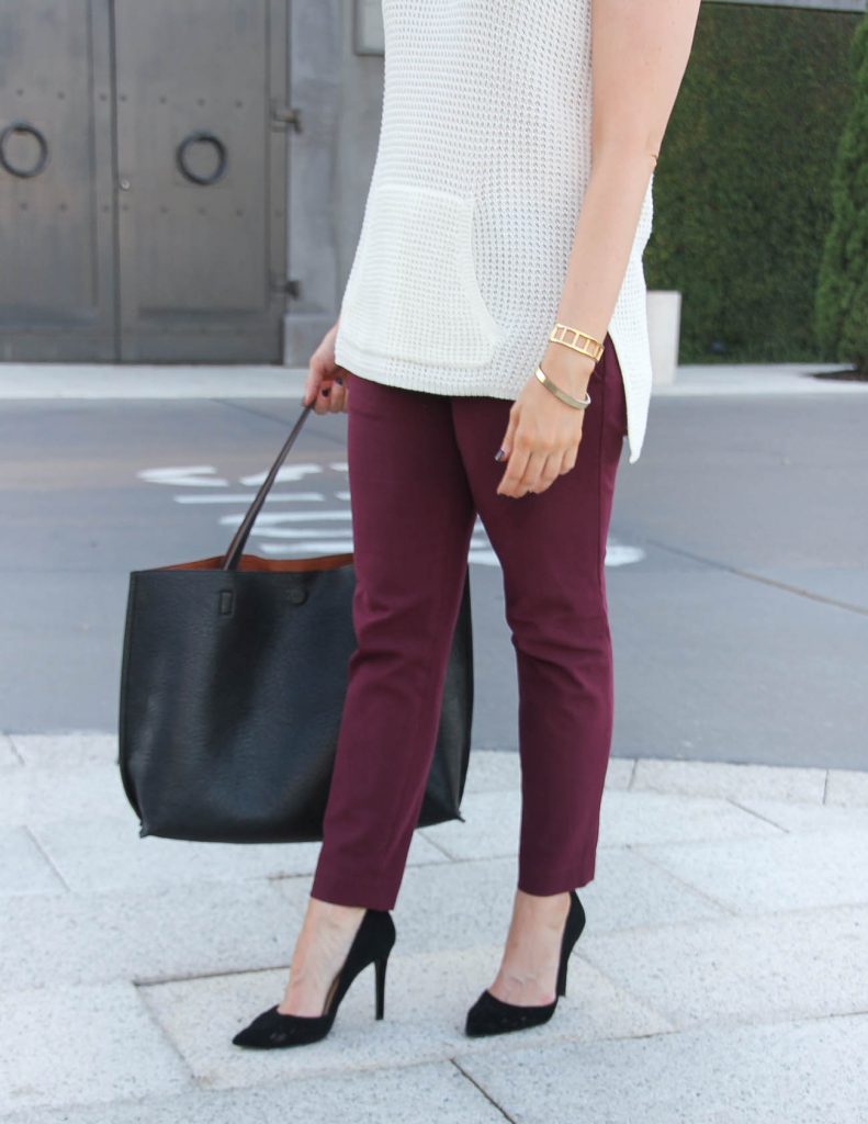 Fall Office Outfit | Burgundy Skinny Work Pants | Black Tote Bag | Lady in Violet | Houston Fashion Blogger