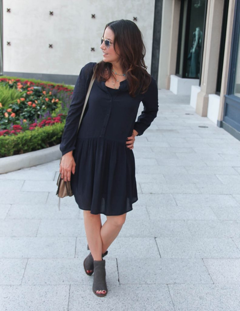 Fall Transitional Outfit | Casual Navy Dress | Gray Booties | Lady in Violet | Houston Fashion Blogger