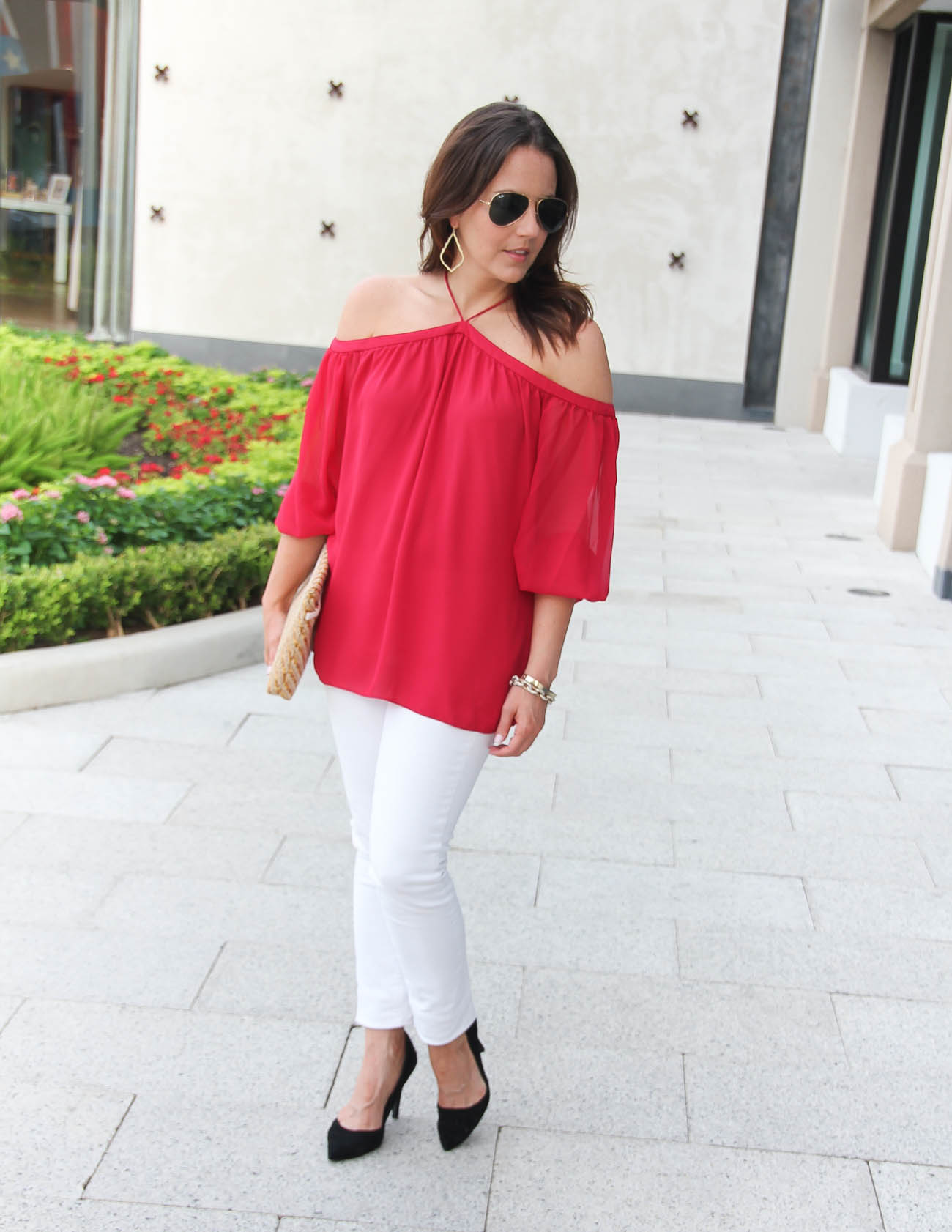 red off shoulder top outfit