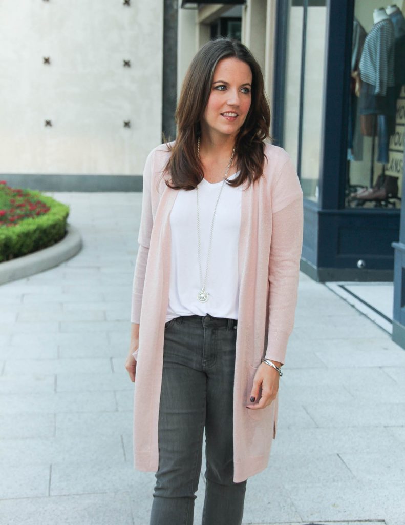 Blush Pink Cardigan Gray Jeans under 100 Lady in VioletLady