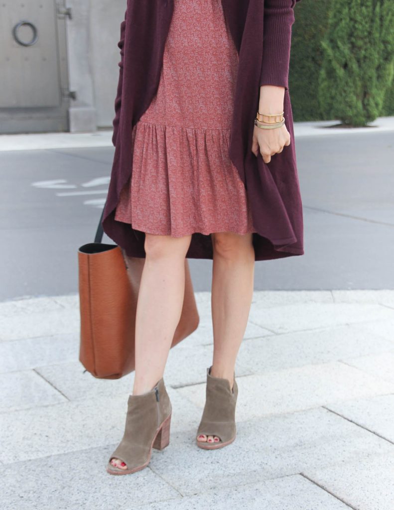 Fall Outfit | Brown Peep Toe Booties | Ruffle Hem Dress | Lady in Violet Fashion Blog