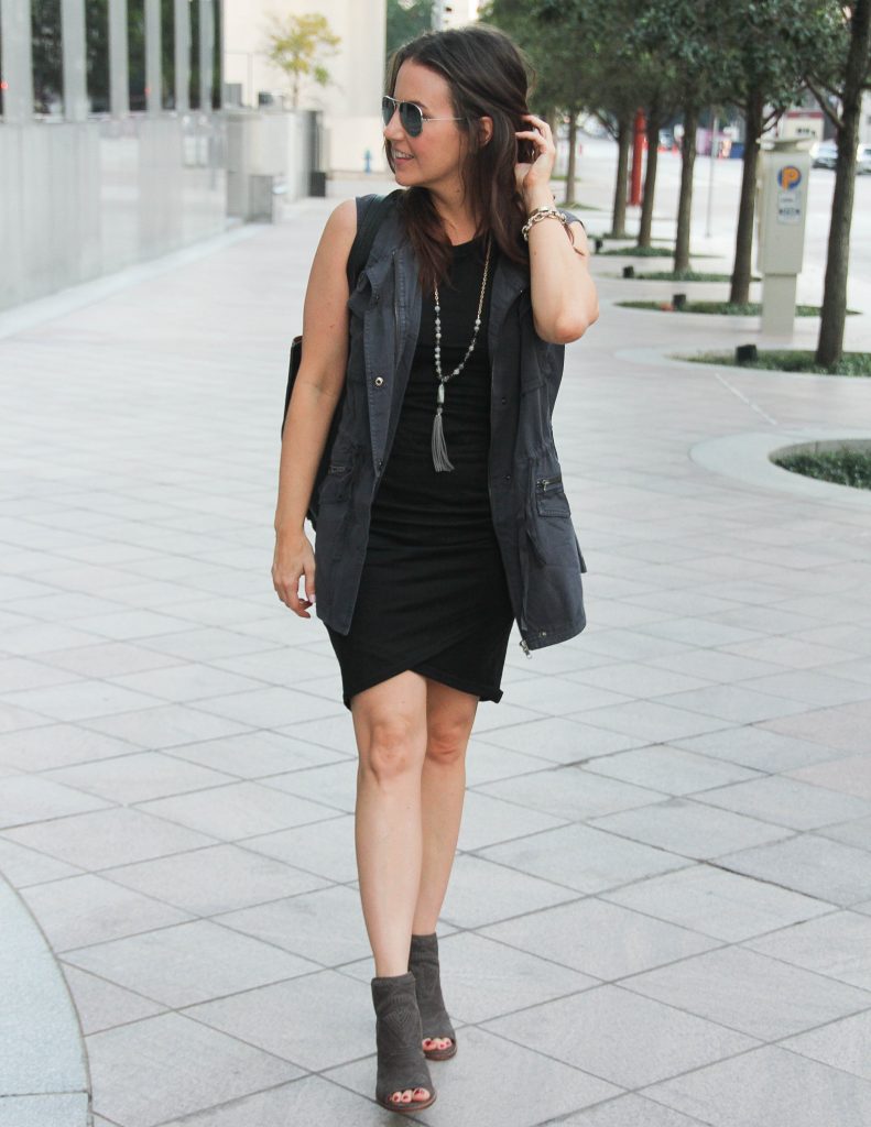 Layered Fall Outfit | Gray Vest over Black Fitted Dress for Weekends | Lady in Violet Fashion Blog