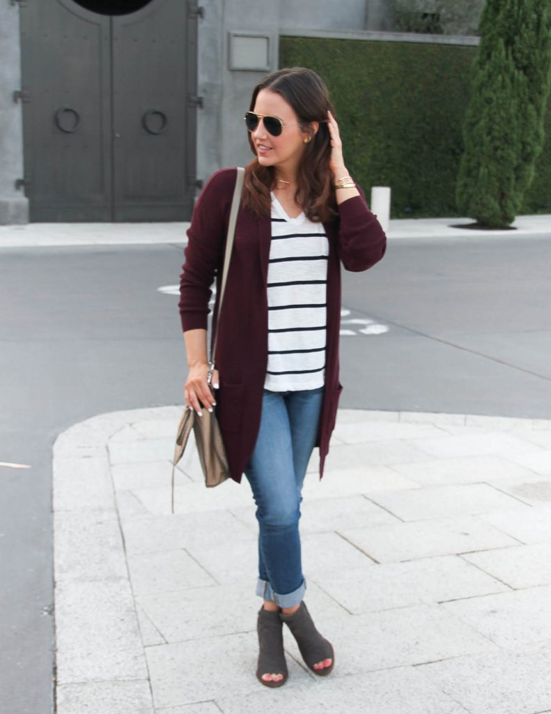 Layered Fall Outfit | Maroon Long Cardigan | Striped Tee | Lady in Violet | Houston Fashion Blog