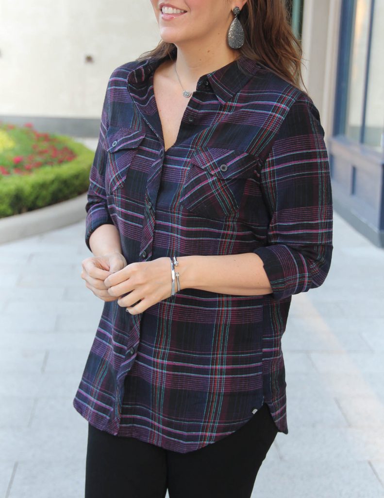 Fall Outfit | Black and Purple Plaid Blouse | Gunmetal Statement Earrings | Lady in Violet | Houston Fashion Blog