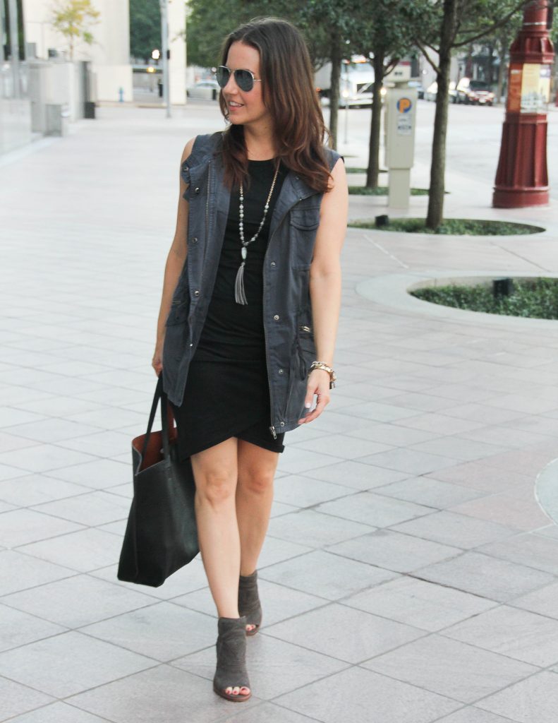 Casual Fall Outfit | Gray Utility Vest | Black Fitted Dress | Houston Fashion Blogger