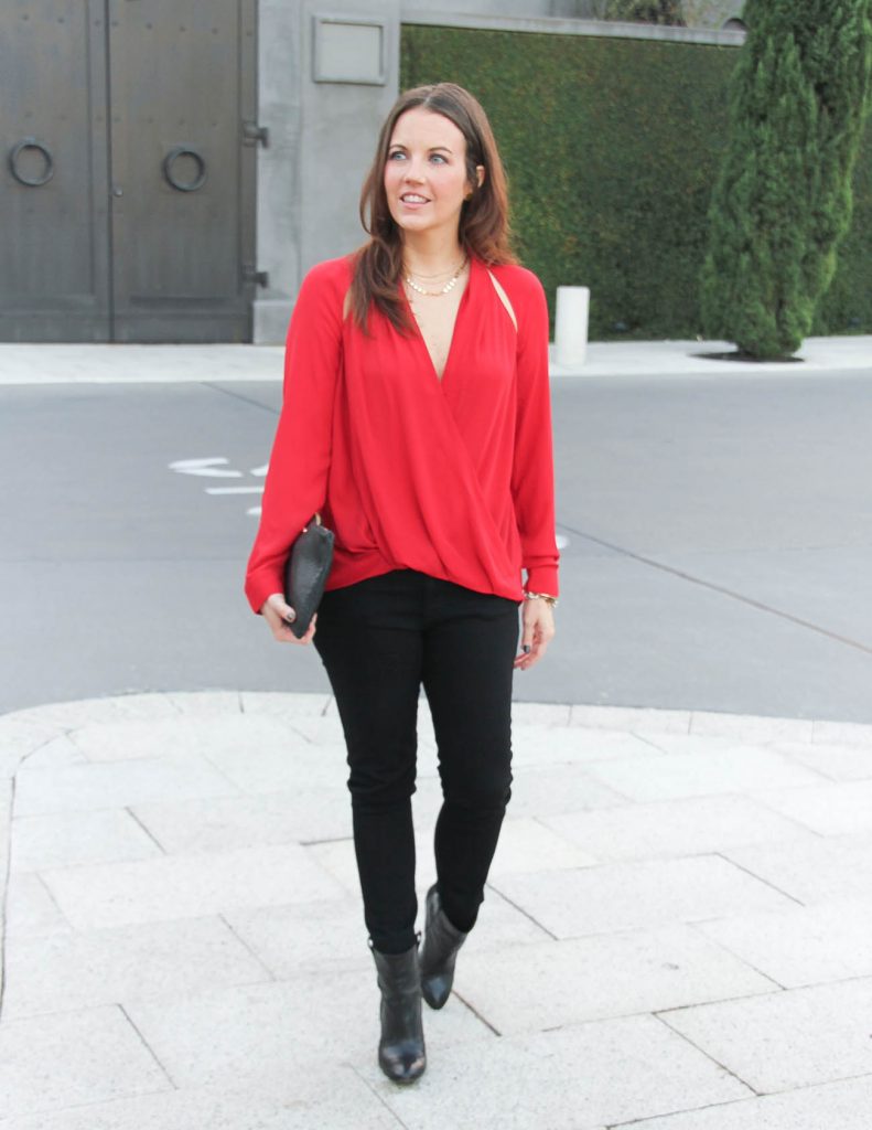 Date Night Outfit | Red Deep V Blouse | Black Jeans | Lady in Violet Fashion Blog