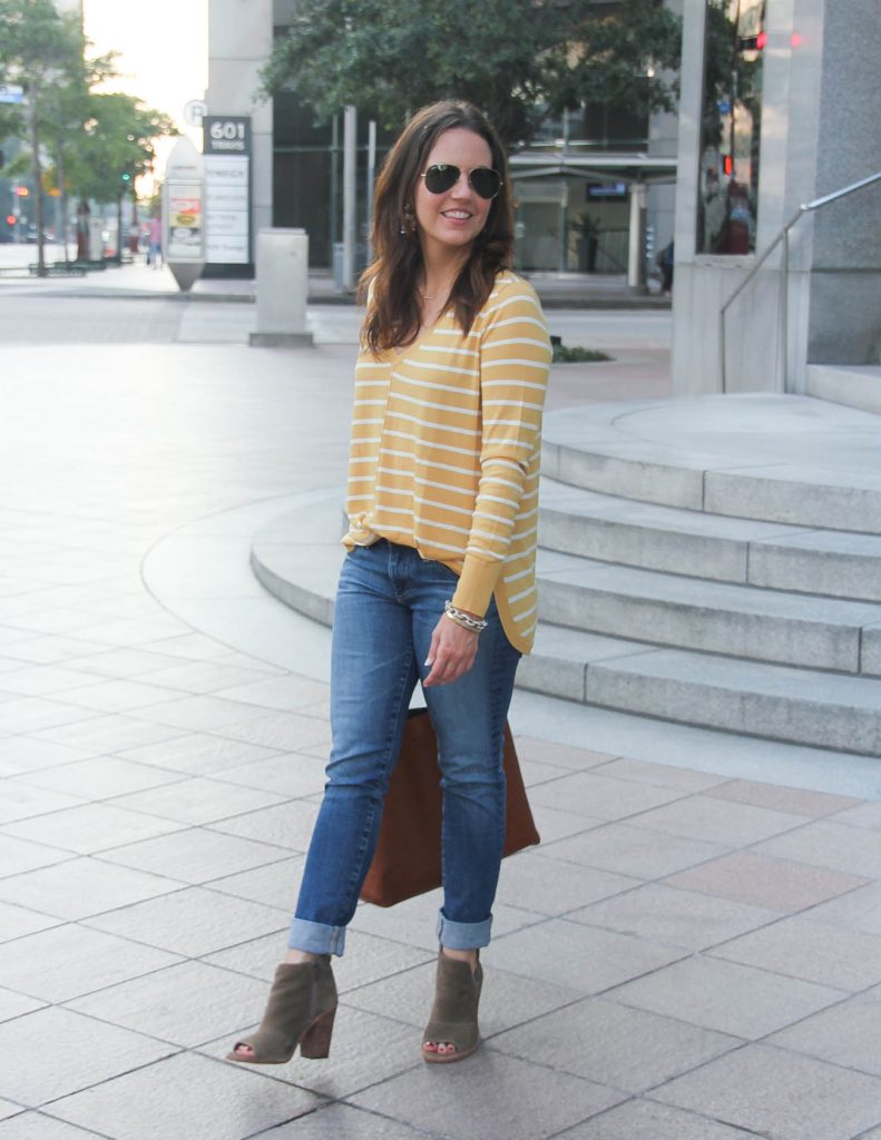 Fall Outfit | Yellow Striped Sweater | Cuffed Blue Jeans | Lady in Violet Fashion Blog