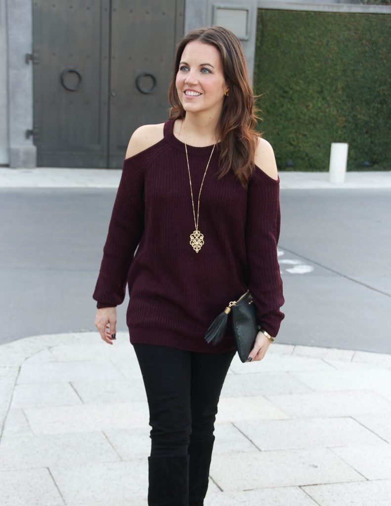 Fall Outfit | Dark Purple Cold Shoulder Sweater | Long Gold Pendant Necklace | Lady in Violet Blog