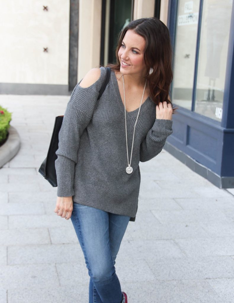 Fall Outfit | Gray Cold Shoulder Tunic Sweater | Houston Fashion Blogger Lady in Violet