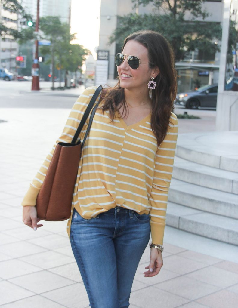 Fall Outfit | Lightweight Striped Sweater | Pink Hoop Earrings | Houston Fashion Blogger Lady in Violet