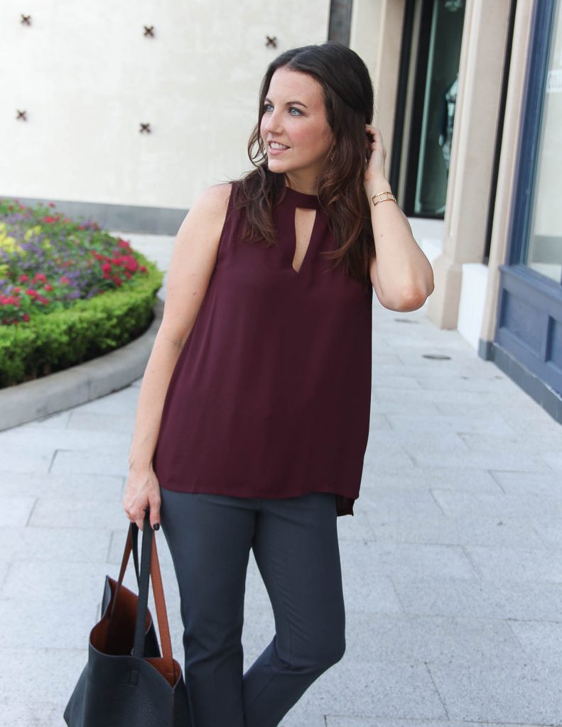 Fall Work Outfit | Maroon Shell Top | Gold Drop Earrings | Lady in Violet Fashion Blog